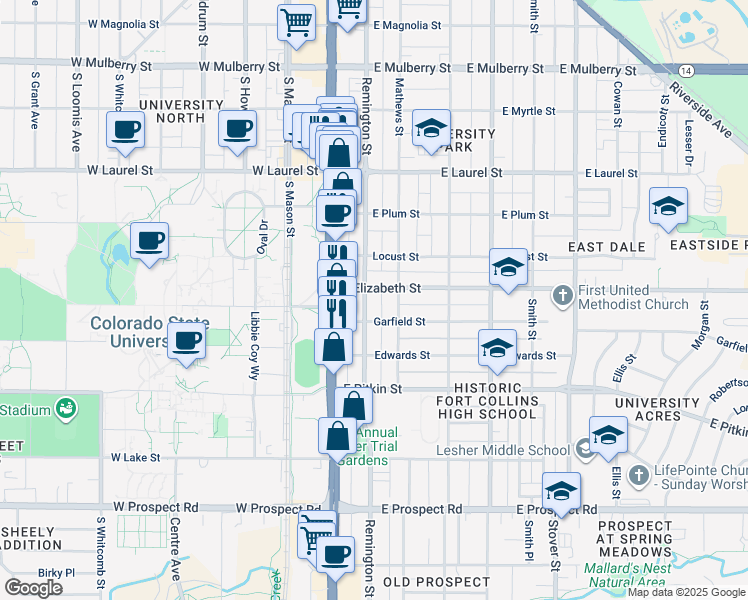 map of restaurants, bars, coffee shops, grocery stores, and more near 206 Garfield Street in Fort Collins