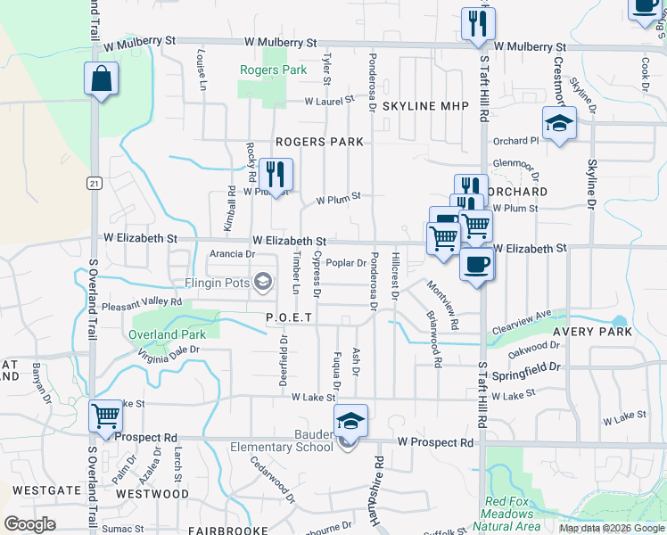 map of restaurants, bars, coffee shops, grocery stores, and more near 2436 Tamarac Drive in Fort Collins