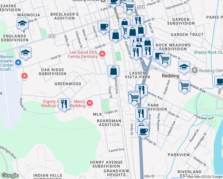 map of restaurants, bars, coffee shops, grocery stores, and more near 2432 Court Street in Redding