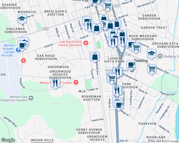 map of restaurants, bars, coffee shops, grocery stores, and more near 2432 Court Street in Redding