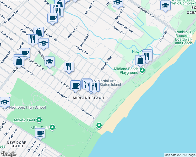 map of restaurants, bars, coffee shops, grocery stores, and more near 64 Mapleton Avenue in Staten Island