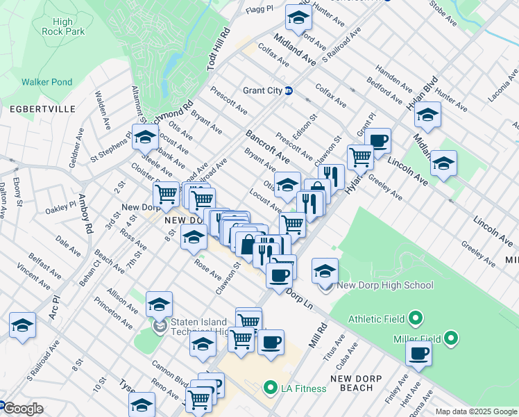 map of restaurants, bars, coffee shops, grocery stores, and more near 257 Burbank Avenue in Staten Island