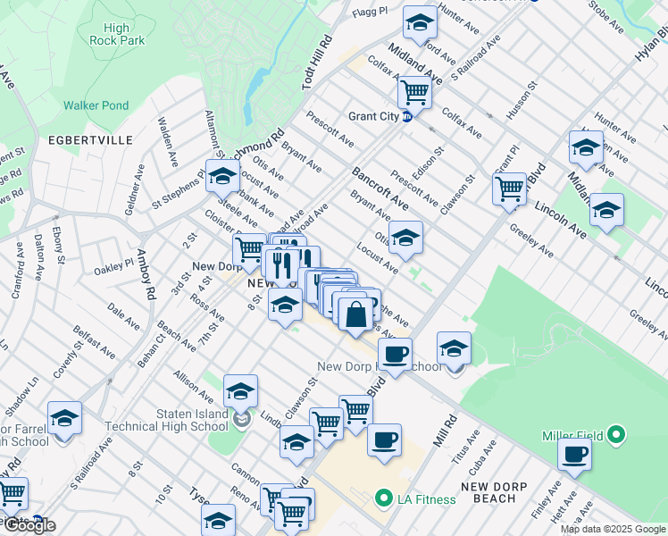 map of restaurants, bars, coffee shops, grocery stores, and more near 107 Bache Avenue in Staten Island