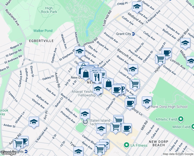 map of restaurants, bars, coffee shops, grocery stores, and more near 173 New Dorp Lane in Staten Island