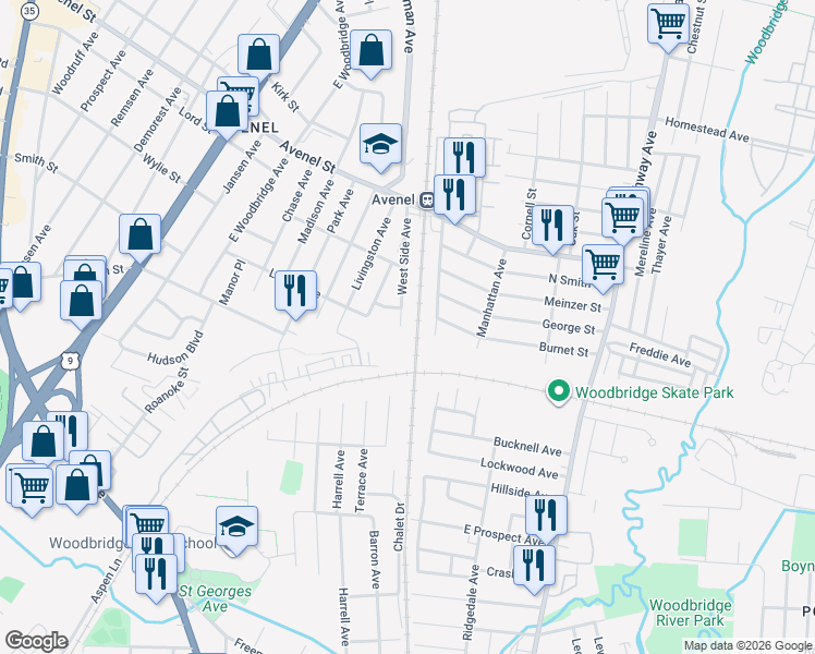 map of restaurants, bars, coffee shops, grocery stores, and more near 56 West Side Avenue in Woodbridge Township