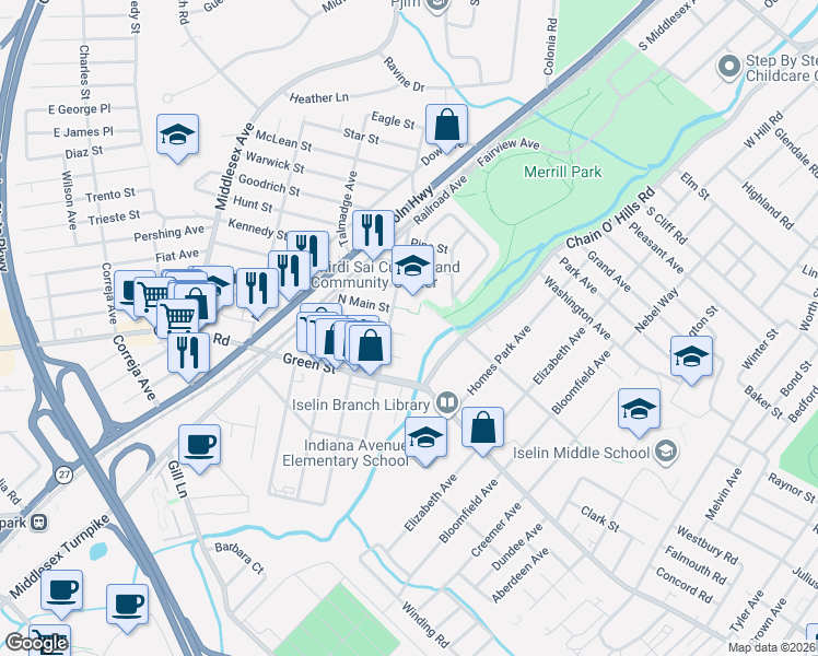 map of restaurants, bars, coffee shops, grocery stores, and more near 42 Canal Street in Woodbridge Township