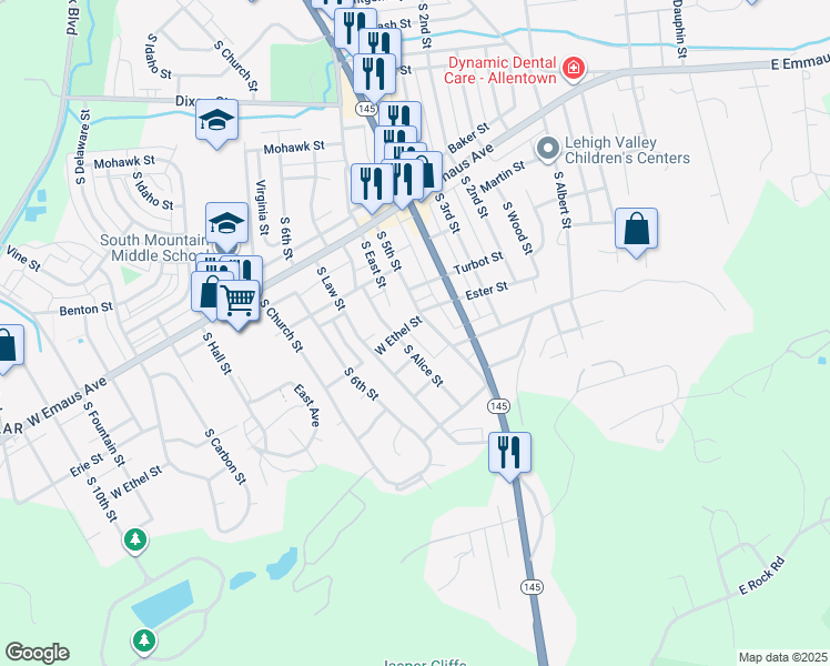map of restaurants, bars, coffee shops, grocery stores, and more near 2457 South Alice Street in Allentown