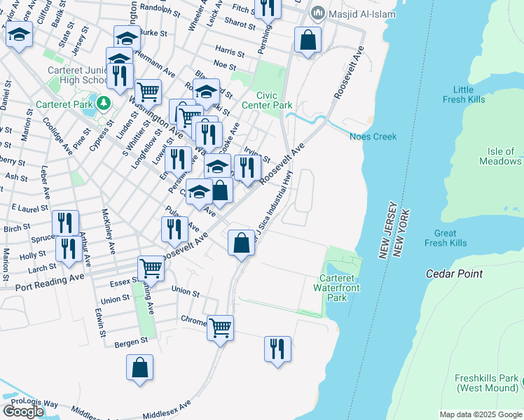 map of restaurants, bars, coffee shops, grocery stores, and more near 3000 Emily Lane in Carteret