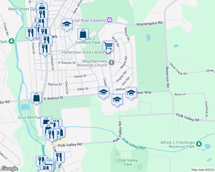 map of restaurants, bars, coffee shops, grocery stores, and more near 127 Cedar Road in Hellertown