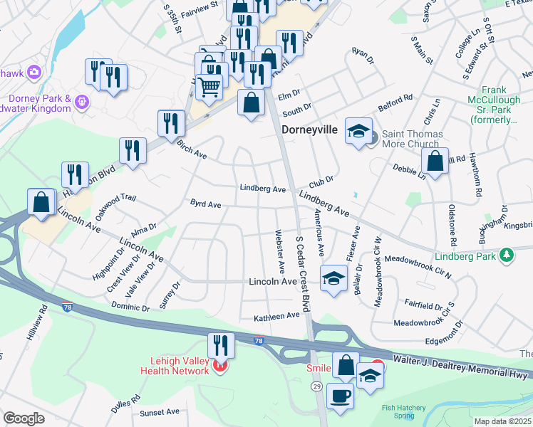 map of restaurants, bars, coffee shops, grocery stores, and more near 3314 Byrd Avenue in Allentown