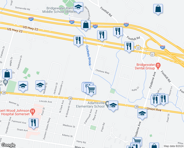 map of restaurants, bars, coffee shops, grocery stores, and more near 177 Adamsville Road North in Bridgewater