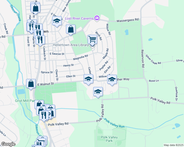 map of restaurants, bars, coffee shops, grocery stores, and more near 127 Cedar Road in Hellertown