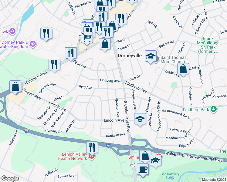 map of restaurants, bars, coffee shops, grocery stores, and more near 3306 Byrd Avenue in Allentown