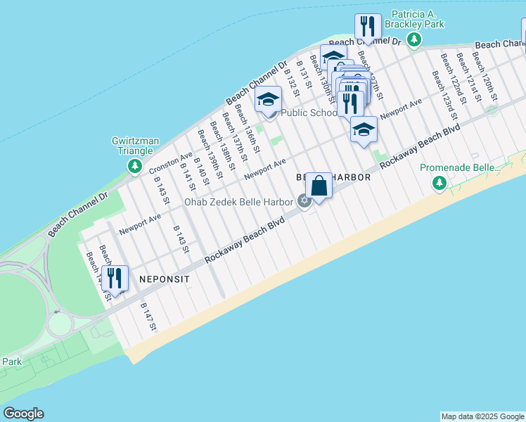map of restaurants, bars, coffee shops, grocery stores, and more near 2-21 Beach 137th Street in Queens