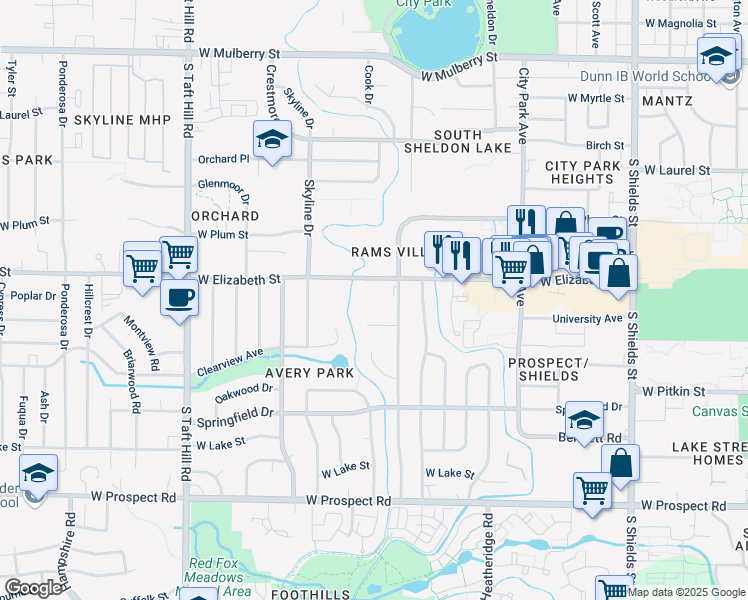map of restaurants, bars, coffee shops, grocery stores, and more near 1625 West Elizabeth Street in Fort Collins