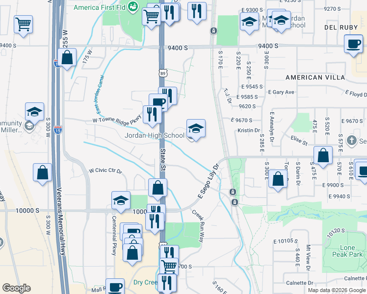map of restaurants, bars, coffee shops, grocery stores, and more near 1-99 East 9825 South in Sandy