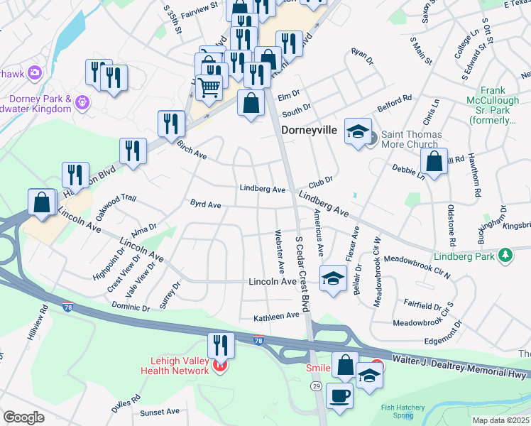 map of restaurants, bars, coffee shops, grocery stores, and more near 3314 Byrd Avenue in Allentown