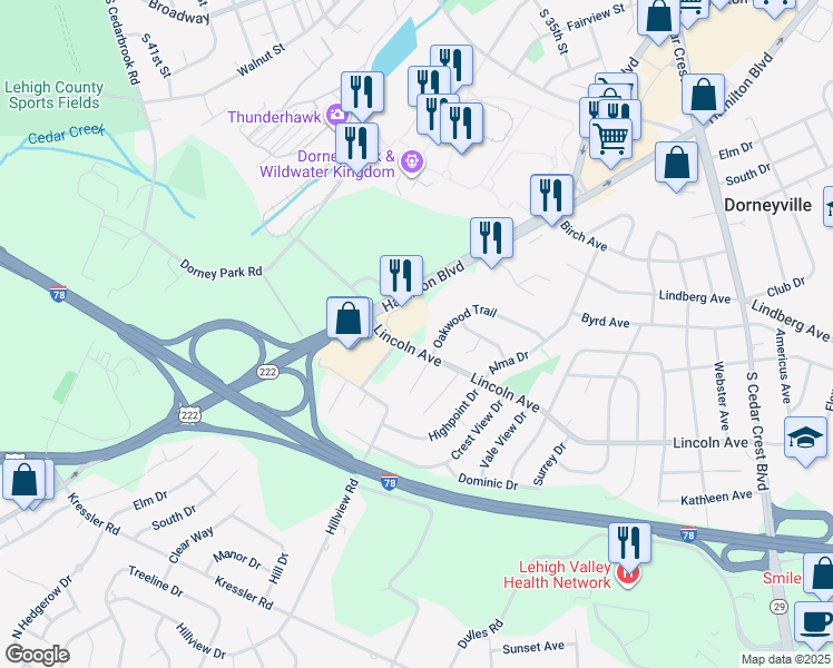 map of restaurants, bars, coffee shops, grocery stores, and more near 3834 Lincoln Avenue in Allentown
