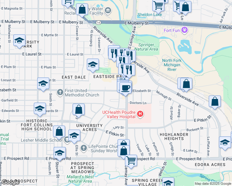 map of restaurants, bars, coffee shops, grocery stores, and more near 1021 Robertson Street in Fort Collins