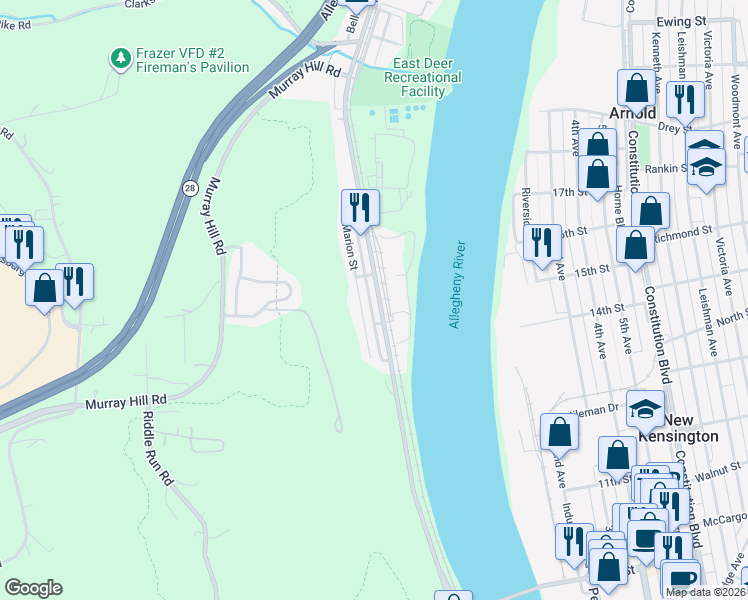map of restaurants, bars, coffee shops, grocery stores, and more near 407 Freeport Road in Creighton