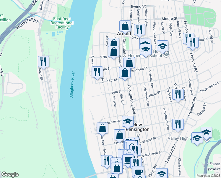 map of restaurants, bars, coffee shops, grocery stores, and more near in Arnold