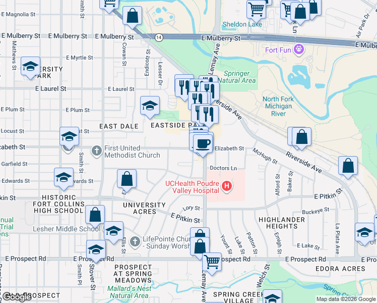 map of restaurants, bars, coffee shops, grocery stores, and more near 1001 Robertson Street in Fort Collins