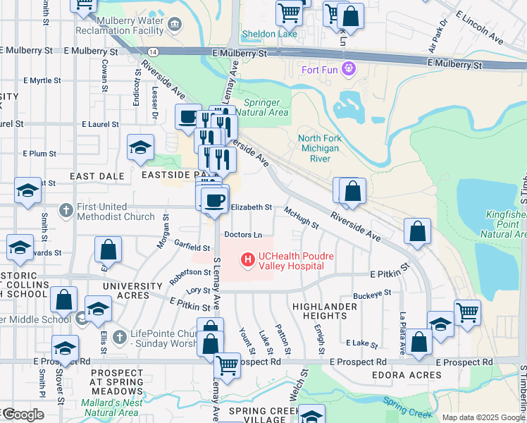 map of restaurants, bars, coffee shops, grocery stores, and more near 1020 Luke Street in Fort Collins