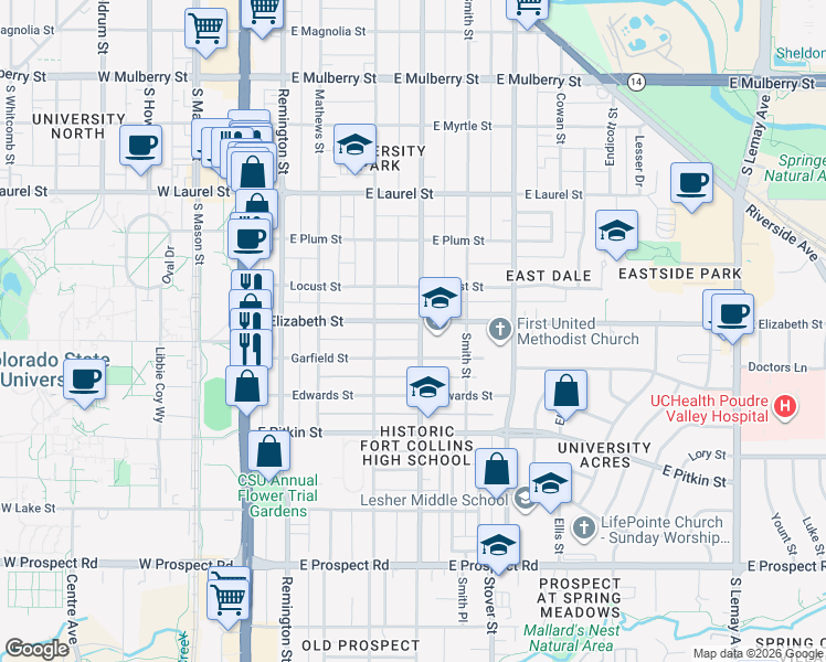map of restaurants, bars, coffee shops, grocery stores, and more near 430 Garfield Street in Fort Collins
