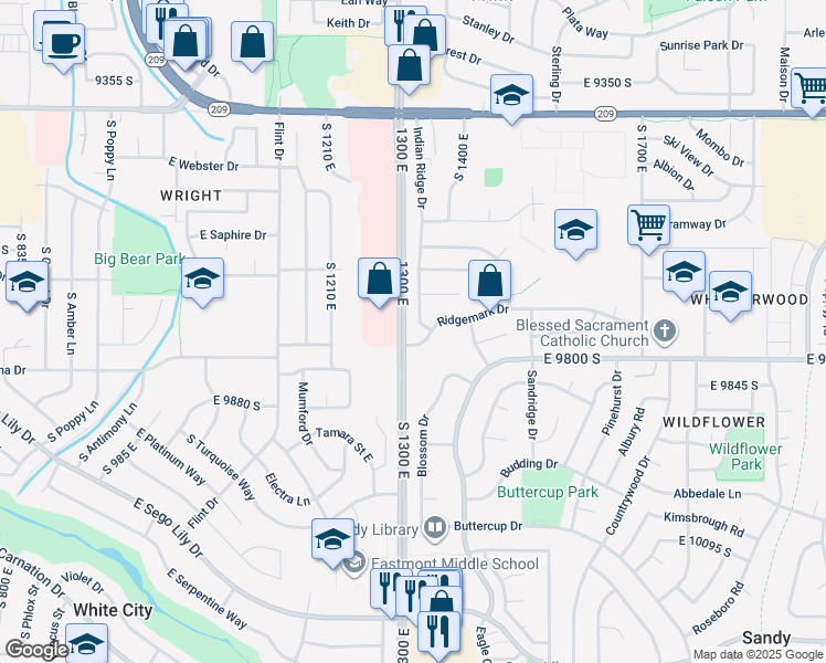 map of restaurants, bars, coffee shops, grocery stores, and more near 1346 Ridgemark Drive in Sandy