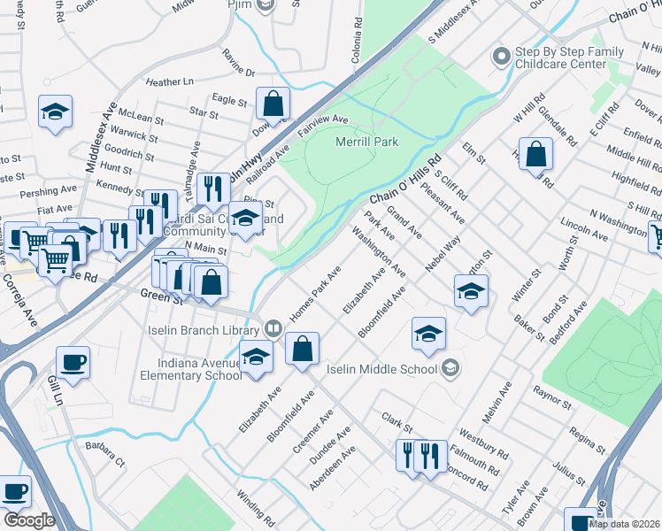 map of restaurants, bars, coffee shops, grocery stores, and more near 68 Homes Park Avenue in Woodbridge Township