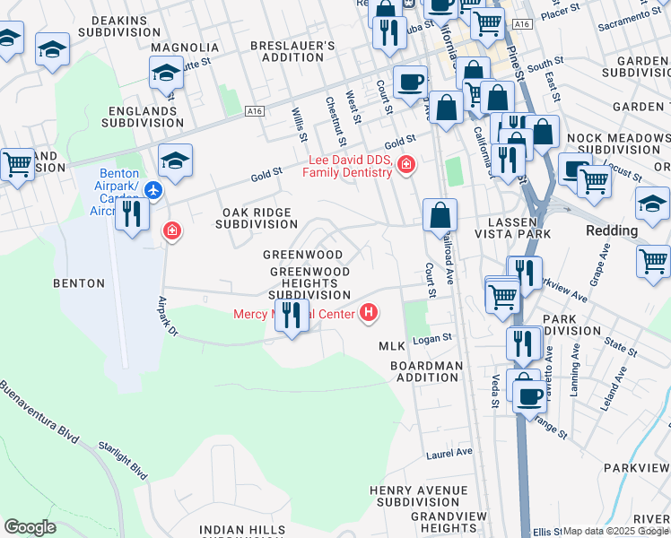 map of restaurants, bars, coffee shops, grocery stores, and more near 2264 Crestview Avenue in Redding