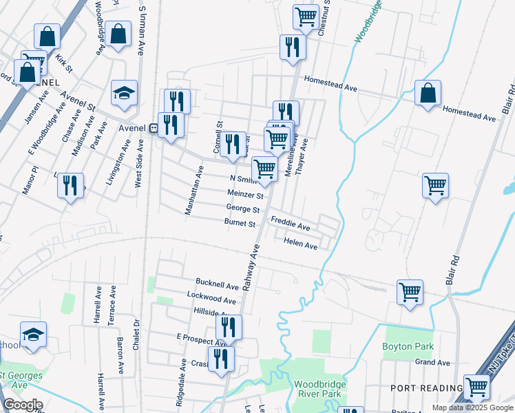 map of restaurants, bars, coffee shops, grocery stores, and more near 2 George Street in Woodbridge Township