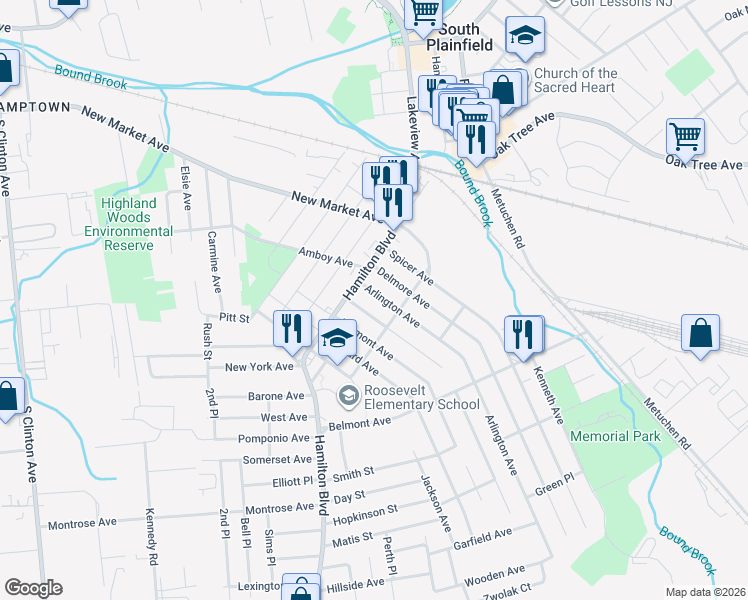 map of restaurants, bars, coffee shops, grocery stores, and more near 133 Kosciusko Avenue in South Plainfield