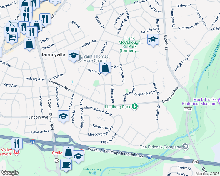 map of restaurants, bars, coffee shops, grocery stores, and more near 1054 Oldstone Road in Allentown