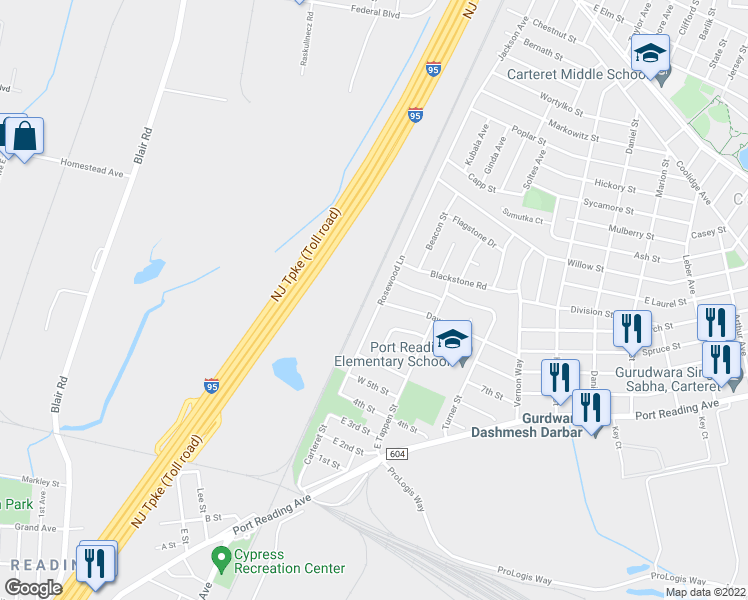 map of restaurants, bars, coffee shops, grocery stores, and more near 183 Rosewood Lane in Woodbridge Township
