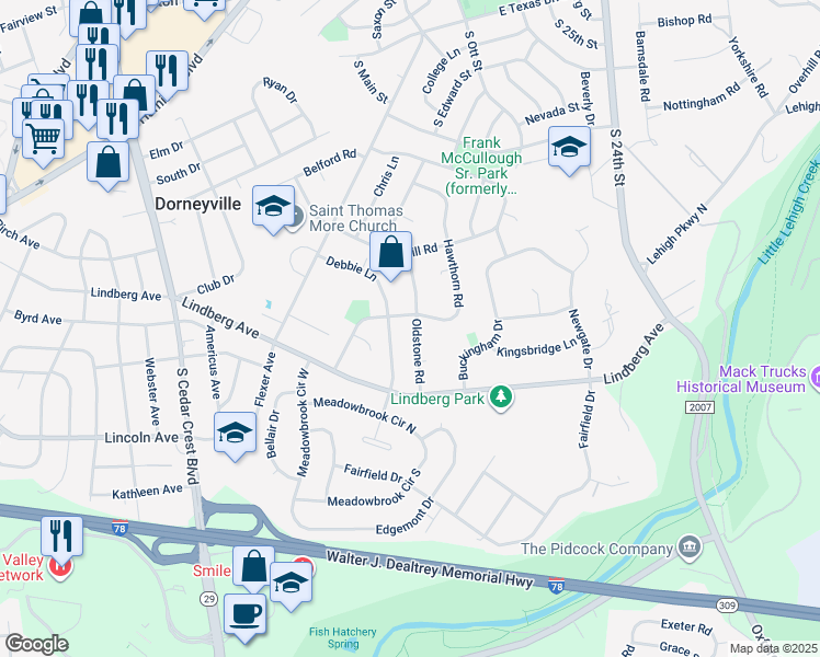 map of restaurants, bars, coffee shops, grocery stores, and more near 1054 Oldstone Road in Allentown