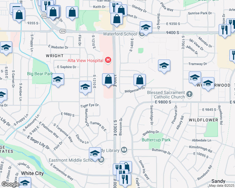 map of restaurants, bars, coffee shops, grocery stores, and more near 9750 Indian Ridge Drive in Sandy