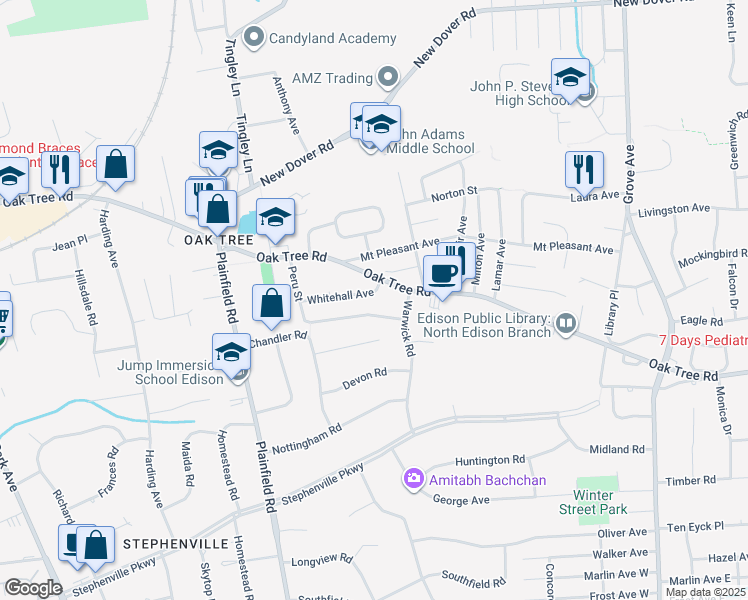 map of restaurants, bars, coffee shops, grocery stores, and more near 25 Peru Street in Edison