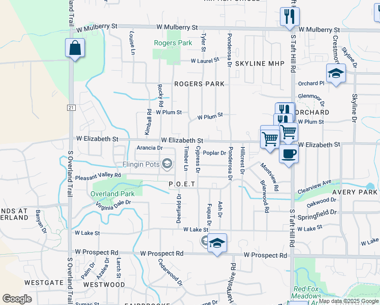 map of restaurants, bars, coffee shops, grocery stores, and more near 1018 Timber Lane in Fort Collins