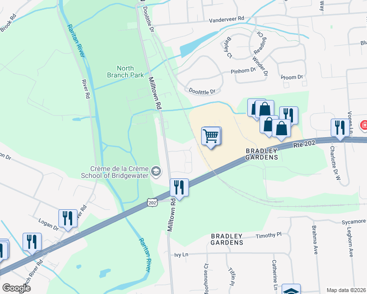 map of restaurants, bars, coffee shops, grocery stores, and more near 41 Whitehead Road in Bridgewater Township