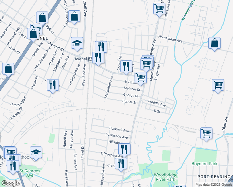 map of restaurants, bars, coffee shops, grocery stores, and more near George Street in Woodbridge Township