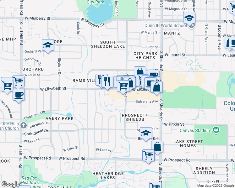 map of restaurants, bars, coffee shops, grocery stores, and more near 1117 City Park Avenue in Fort Collins