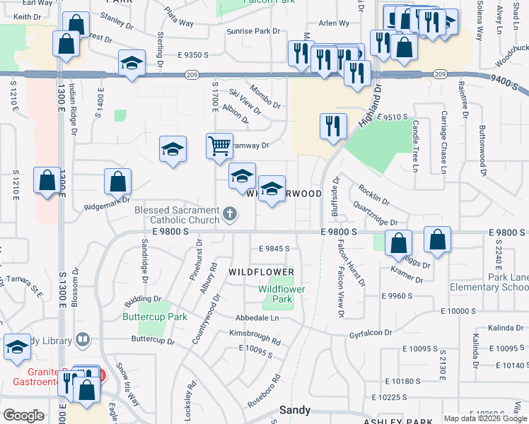 map of restaurants, bars, coffee shops, grocery stores, and more near 9788 Sitzmark Drive in Sandy