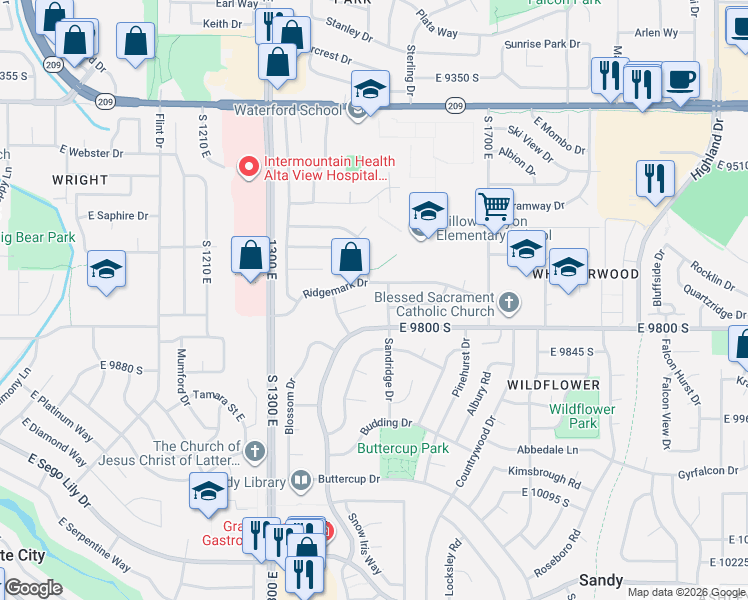 map of restaurants, bars, coffee shops, grocery stores, and more near 1477 Petunia Way in Sandy