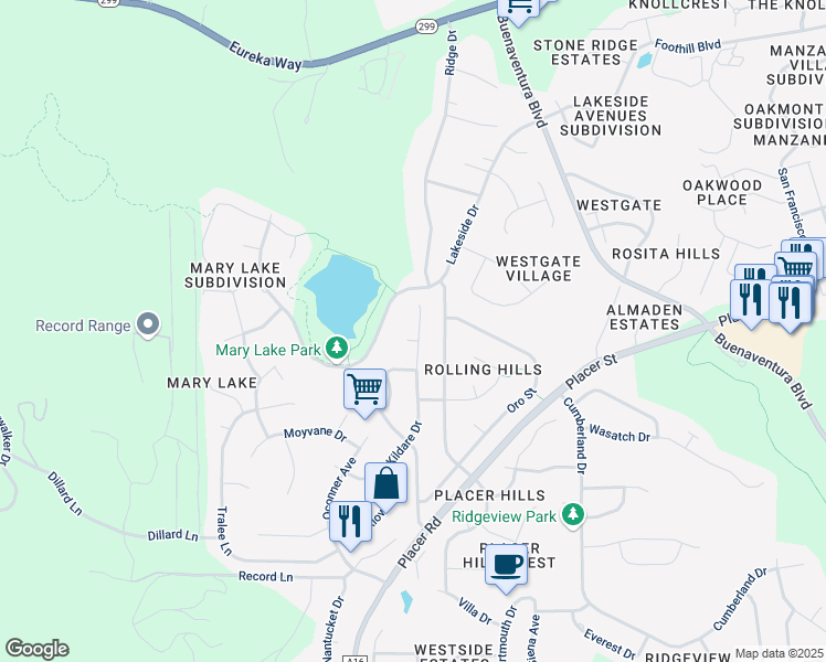 map of restaurants, bars, coffee shops, grocery stores, and more near 1683 Kildare Drive in Redding