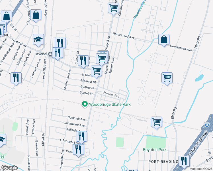 map of restaurants, bars, coffee shops, grocery stores, and more near 17 Freddie Avenue in Woodbridge Township