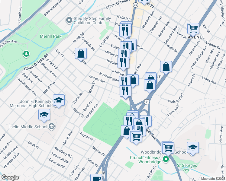 map of restaurants, bars, coffee shops, grocery stores, and more near 7 Willow Place in Woodbridge Township