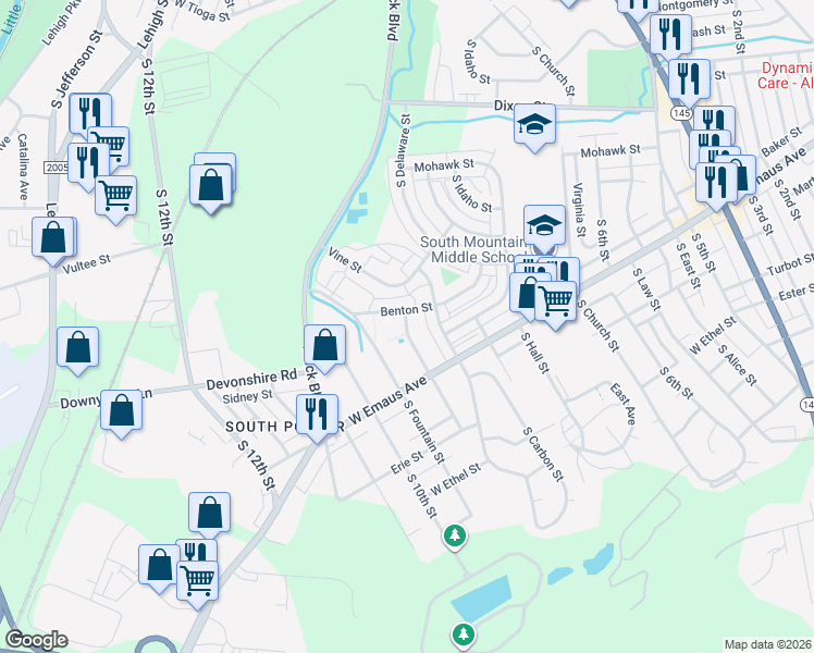 map of restaurants, bars, coffee shops, grocery stores, and more near 2215 South 9th Street in Allentown