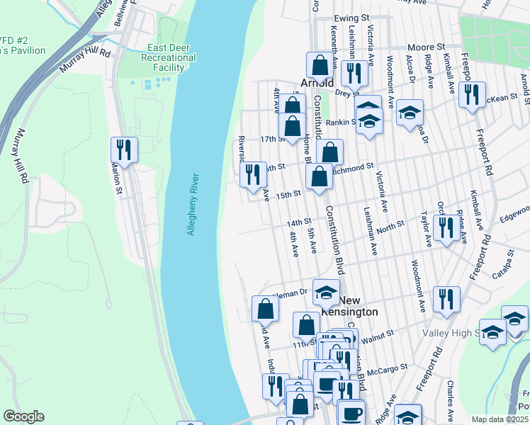 map of restaurants, bars, coffee shops, grocery stores, and more near 1405 3rd Avenue in New Kensington