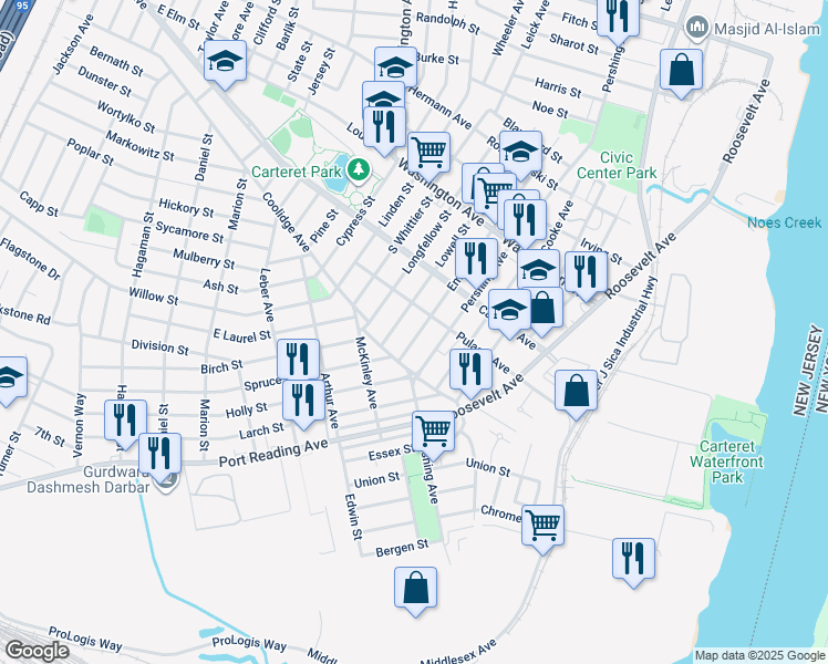 map of restaurants, bars, coffee shops, grocery stores, and more near 25 Emerson Street in Carteret